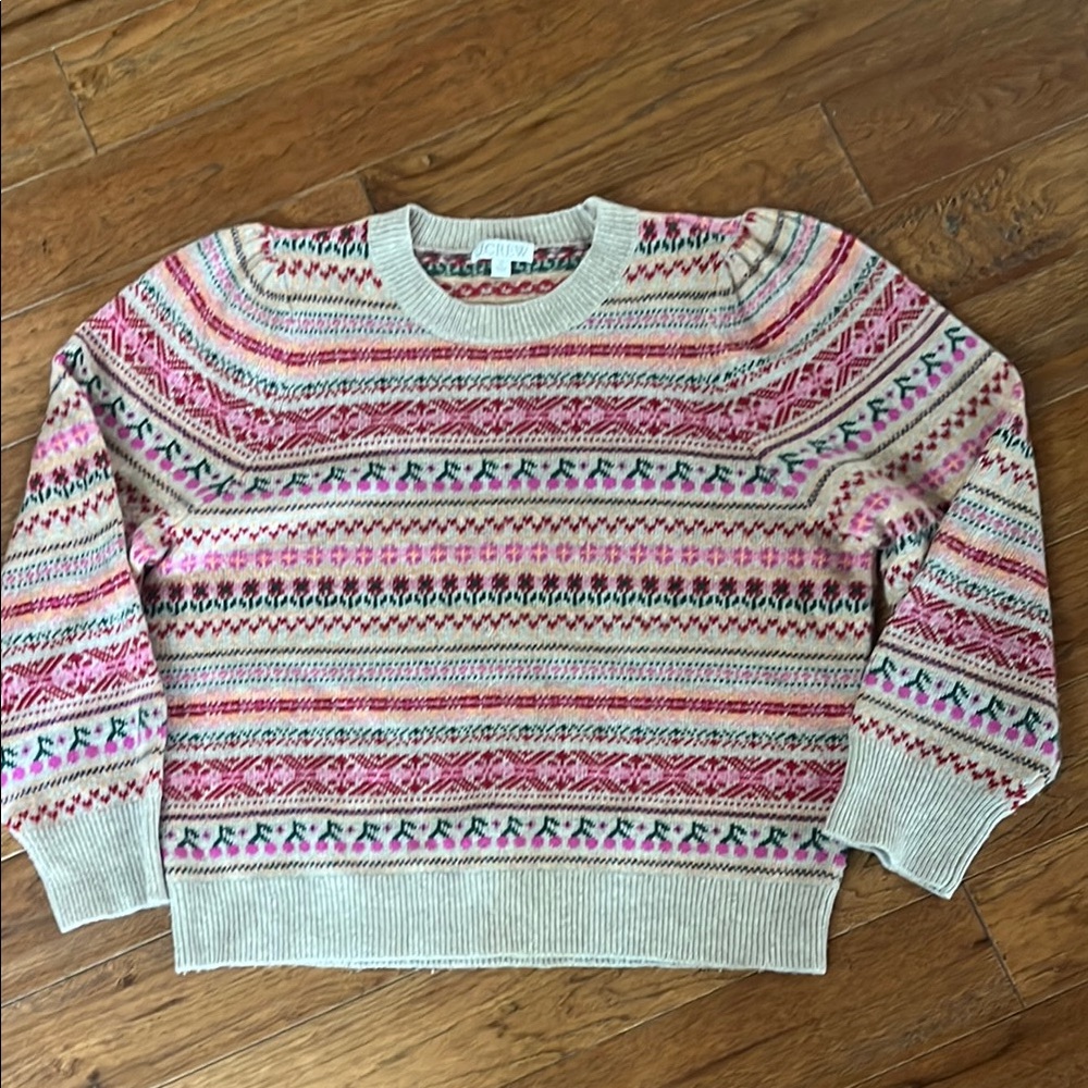 J. Crew Pink and Cream Fair Isle Cotton Crewneck Sweater